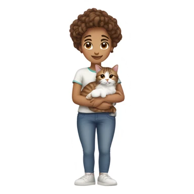 Girl with curly brown hair in bun cuddling a tabby cat with white paws and chest  sticker