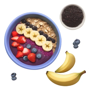 create an acai bowl with hazelnut topping and purple acai with strawberries coconut flakes and bananas sticker