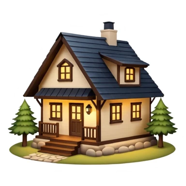 A cozy small house with warm lights coming from the windows, wooden details, surrounded by trees, peaceful atmosphere, soft lighting, charming and realistic
 sticker