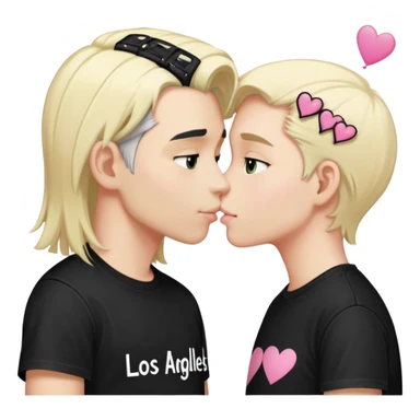 A boy with Platin blonde hair wearing a black T-shirt with a text saying “Los Angeles” in white on the back, and a girl with black hair and two pink hair clips in each side kissing each other  sticker