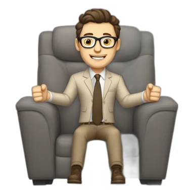 Joyful Celebrating victory Hands up Pale skinned Fit Man With dark brown hair in gray jacket, beige office shirt, Brown pants and vintage glasses sitting In a soft chair sticker