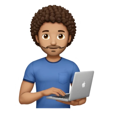 men holding his computer in hands. light brown skin men with curly dark brown hair, brown eyes, little grown beard. ust a tiny bit muscular. dressed casual. round face. sticker