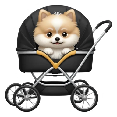 A white Pomeranian dog sits in a black baby stroller. A wheelchair with a folded roof. The image quality is ultra realistic. sticker