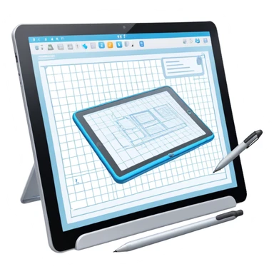 Create an emoji for 3D visualization and modeling. Show a large graphic tablet with a stylus drawing in a 3D modeling program, displaying a wireframe model that pops out from the screen. Use modern, professional colors. Do not include any emojis or smiley faces. Make the background transparent. sticker