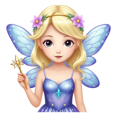 Cute fairy girl with delicate wings, sparkly wand, floral dress, and magical glitter sticker