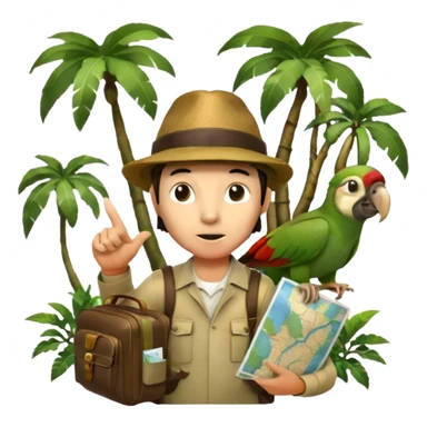 Icon for Travel Documentary: A vintage TV-style design with a traveler pointing backward, telling a story in the jungle. Include lush greenery, exotic animals, and a backpack. The traveler should be wearing a hat and holding a map. Retro, informative TV style. Transparent background. sticker