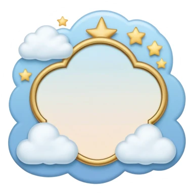 minimalist emoji style icon of a simple picture frame with dreamy elements like a small star, cloud, and thought bubble inside or around the frame, soft pastel colors, clean lines, calming inspiring vibe, hints of nature leaf or sky, touch of gold or blue for inspiration sticker