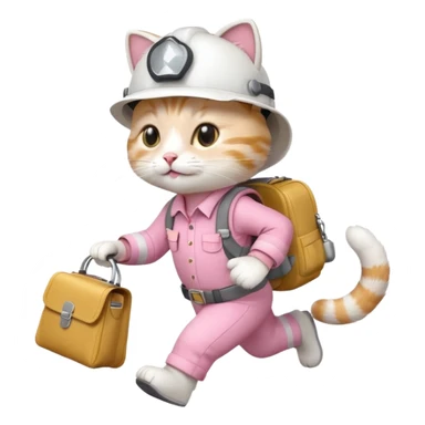 A cute white and pink funny cat cartoon style, dressed as engineer with a white helmet, running super fast carrying her cute bag, leaving a trail of smoking footsteps sticker