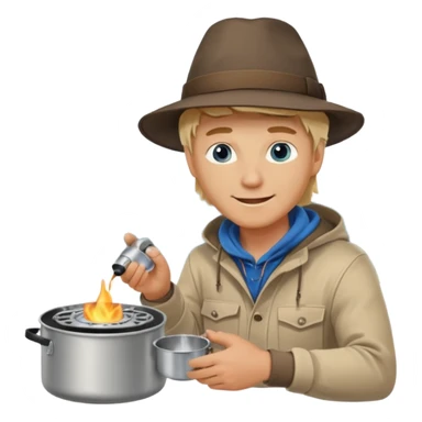 A blonde man camper boiling water on a portable stove, enjoying the outdoor sticker