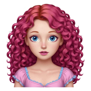 Chappell Roan long red curly hair, blue eyes, pink eyeshadow and lip, pink dress sticker