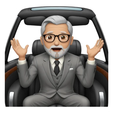 Professor Bentley Dyed black gray hair  frencb beard graying indian guy in suit sitting in a bentley car and screaming fraud. Older look around 60 yrs  with glasses slight balding sticker