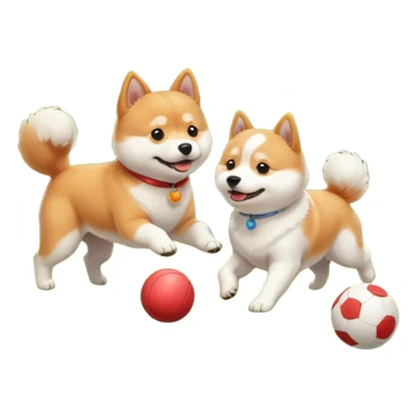 2 dogs, a ginger shiba inu and a small white dog breed coton de tulear, playing with a ball in a sunny garden sticker