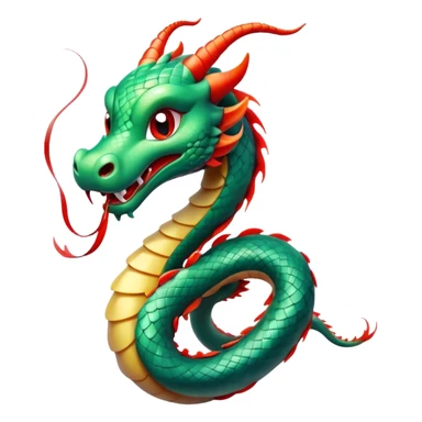 Cinematic Cute Chinese Serpent Dragon Portrait Emoji, Head tilted playfully and inquisitively, showcasing a slender, flowing body with vibrant jade scales and soft vermilion accents intertwined with whimsical wisps of cloud and water details; rendered with realistic finesse and warm natural light, high shine, charming and spirited, styled with a touch of mythic whimsy, soft glowing outline, capturing the essence of a mischievous yet endearing celestial dragon poised to weave magic into your dreams! sticker