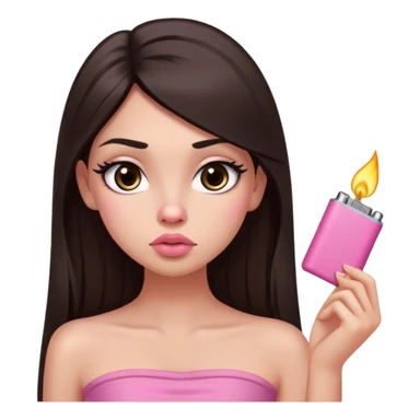 girl with lighter skin, dark brown long straight hair, pouty shiny lips without cupid's bow, large eyes, lighter button nose, long oval-shaped face, wearing a pink bandeau top with straight neckline sticker