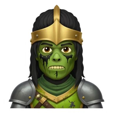 A black male with long black rough hair wearing a knight helmet with green zombie skin sticker