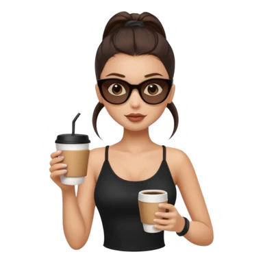 generate a pretty fair bratz girl with dark brown eyes, dark brown eyes tied into a slick back ponytail, thin brown sunglasses. Wearing a black cami top and drinking coffee sticker