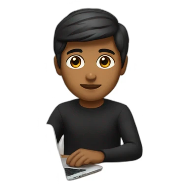     memoji of a man with a laptop in front, apple-style,modern,dark hair,black sweater,computer in hand, srilankan brown skin, sitting on his desk, eyes brown sticker