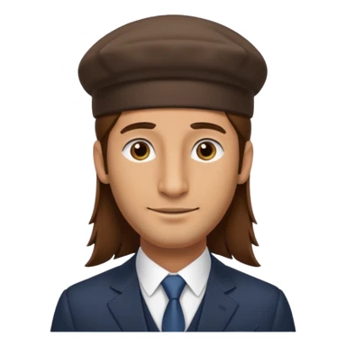 Man with a long nose wearing a suit and kippah, he has long brown hair with a payot sticker