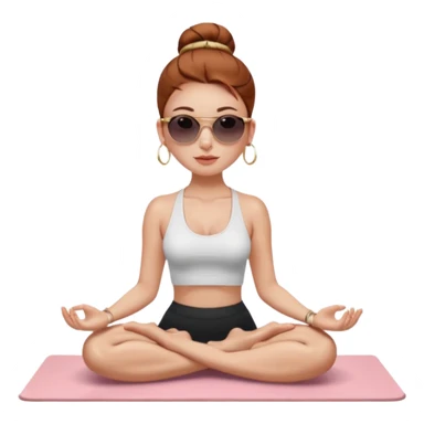 Clean girl influencer character, chest-up portrait.Sleek tight bun hair color (auburn .Natural glossy makeup, soft blush, shiny lips.chest up portrait , small gold hoop earrings, delicate gold necklace.Black sunglasses on head.Rolled yoga mat hanging over her shoulder. sticker