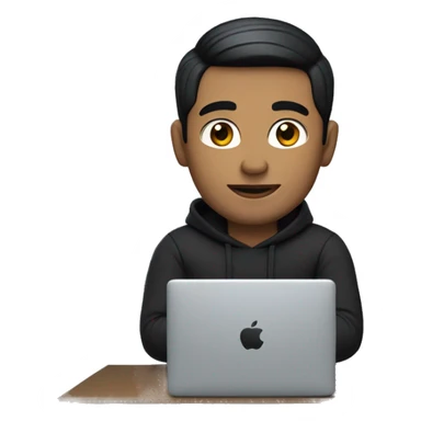 memoji of a man with a laptop in front, apple-style,modern,fair white skin,black hair,black sweater,computer in hand,sitting on his desk sticker