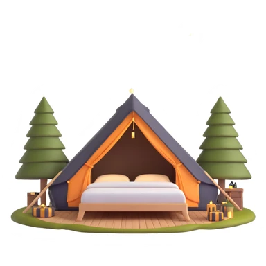 glamping luxury tent with string lights and comfortable bed sticker