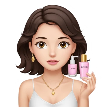 generate a pretty fair bratz girl with dark brown eyes. Dark brown hair wavy hair. light pink lipgloss. white cami top. doing skincare. Dainty gold necklace sticker
