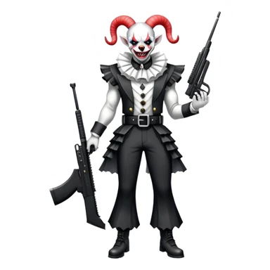 full-body muscular demonic clown, battle-ready, black and white leisure suit with bellbottom pants, bald, black ram horns, flashy black and white belt, ruffled white shirt, no neck tie, large fangs, holding very large futuristic rifle sticker