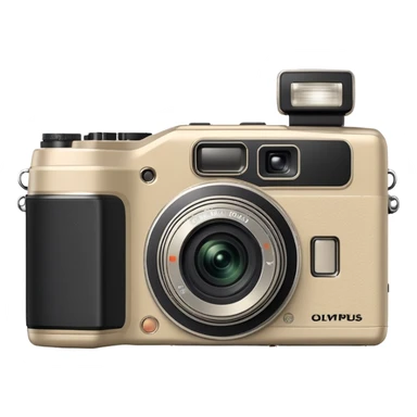 Olympus Superzoom 70G camera, grayish-beige color, accurate representation with correct proportions and silhouette, compact rectangular body with rounded edges, small viewfinder, built-in flash unit on top, lens with zoom functionality, exactly matching the real Olympus Superzoom 70G design sticker