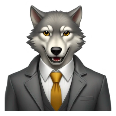 Portrait of a gray wolf showing fangs with a human-like face wears a sleek jacket and tie like a salesman with an open book sticker