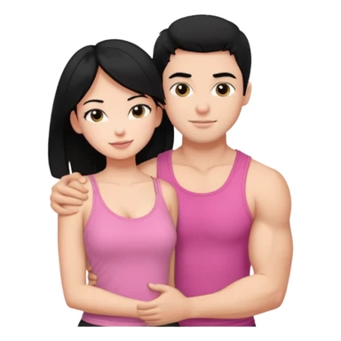a pretty bratz fair girl. black hair, wearing a pink cami top hugging a handsome fair guy with black hair. lean but muscular who is wearing a black tee sticker