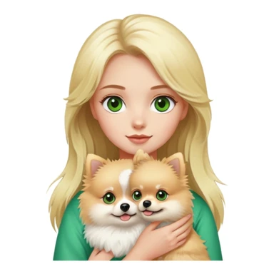 A blond haired girl with green eyes holding a Pomeranian  sticker