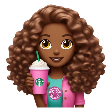 Barbie girl with brown long curly hair holding Pink starbucks refresher sticker