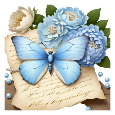 A delicate still life of a pale blue butterfly resting on an aged love letter, sealed with golden wax, accompanied by a bouquet of white peonies and soft blue hydrangeas, with pearl beads scattered nearby.
 sticker
