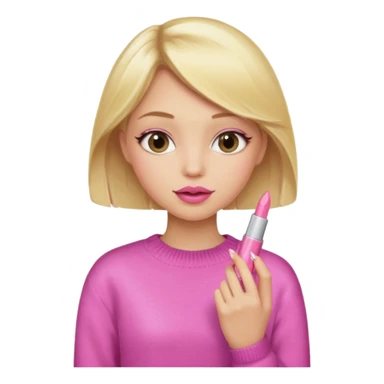 A blonde haired girl with a pink sweater and holding a lip gloss sticker