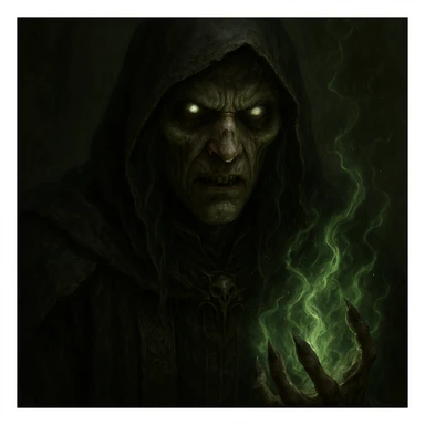 Make the magical character look even scarier, with haunting eyes, eerie spell effects, and a sinister expression, but keep the face clearly visible, in a realistic fantasy style. sticker