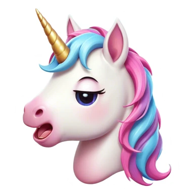 Cinematic Cute Yawning Unicorn Pony Portrait Emoji, Head tilted slightly with a dramatic, wide-open yawn, showcasing a petite, softly glowing form with a gently drooping mane, a subtle, shimmering horn and sleepy, half-closed eyes, Simplified yet irresistibly adorable features, highly detailed, glowing with a soft, cozy pastel glow, high shine, relaxed yet expressive, stylized with a dash of whimsical enchantment, soft glowing outline, capturing the essence of a drowsy yet affectionate unicorn pony that appears ready to stretch and yawn its way off the screen! sticker