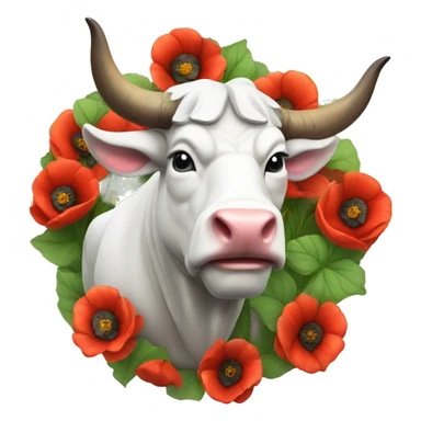Realistic White Stone Bull with multicolor poppies on the horns sticker