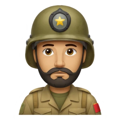 tired Iraqi military, in a helmet, with a beard sticker