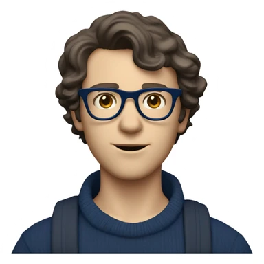 caucasian white boy with dark wavy  hair, blue glasses, and carrying design paper plan because he is an architect carrying a pencil and a set model maquette. wearing a navy blue long sleeve sweater shirt. smart.  sticker