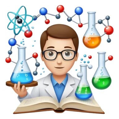 Icon for Scientific and Educational Reading: an open book with mathematical and physical formulas on the pages, with molecules and atoms flying out. On the desk are test tubes, flasks, and a microscope. Transparent background. sticker