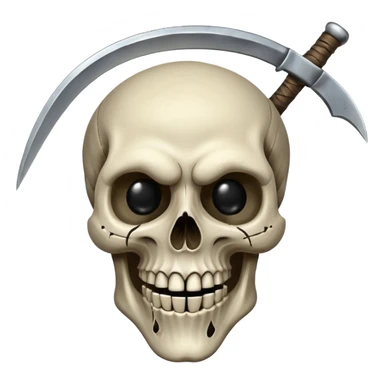 A laughing skull with a scythe crossed behind it, one eye socket winking. Clean, stylized lines, flat vector. Medieval woodcut style. Black and white with one accent color (tarnished silver). No background. sticker