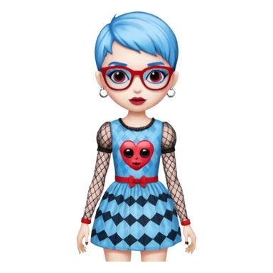 Ghoulia yelps monster high doll in scene/emo style cherry print dress with fishnet sleeves, clothes, thin, small, red, rectangle glasses, pale white-blue skin, pixie-cut sticker
