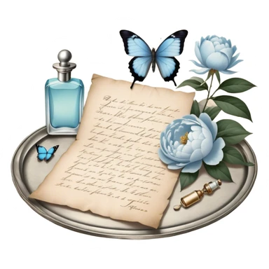 A nostalgic evening scene where an open love letter, with elegantly fading ink, lies next to a silver tray holding a vintage perfume bottle. A single pale blue butterfly lands gently on the aged parchment, as the soft scent of jasmine and peonies fills the air. sticker