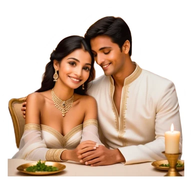 An intimate moment a couple at candlelit dinner. The woman, dressed in a sophisticated white gown with delicate jewelry, smiles as her partner, wearing a traditional black and gold bisht with a white ghutra, leans in to whisper or kiss her cheek. Their hands are gently intertwined on the table,M sticker