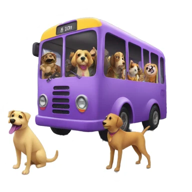 Dog on a purple bus with a rainbow and animal passengers sticker