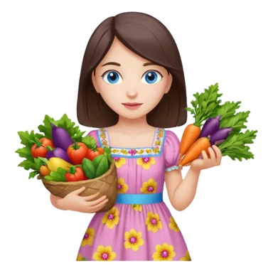 Turkish beautiful finish Konya girl blue eyes with floral pink and yellow lila dress and she had on her hand vegetables  sticker