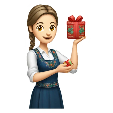 A female teacher in Ukrainian embroidery holds a gift in her hand sticker