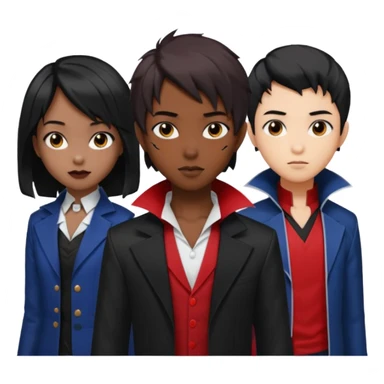 Solo poly platonic relationship, one is south African girl, one is Asian boy, one is biracial features Asian tomboy girl with anime short hair with long hair, vampire and marvel cosplay elements inspired. sticker