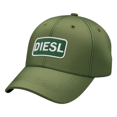 Deep army green Diesel cap, isolated hat with white handwritten Diesel text and the brand's logo below it, no human sticker