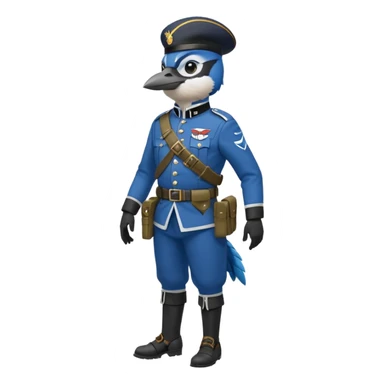 A bluejay bombadier, grenadier, military uniform, bandolier of grenades, bombs, side profile, feet included  sticker